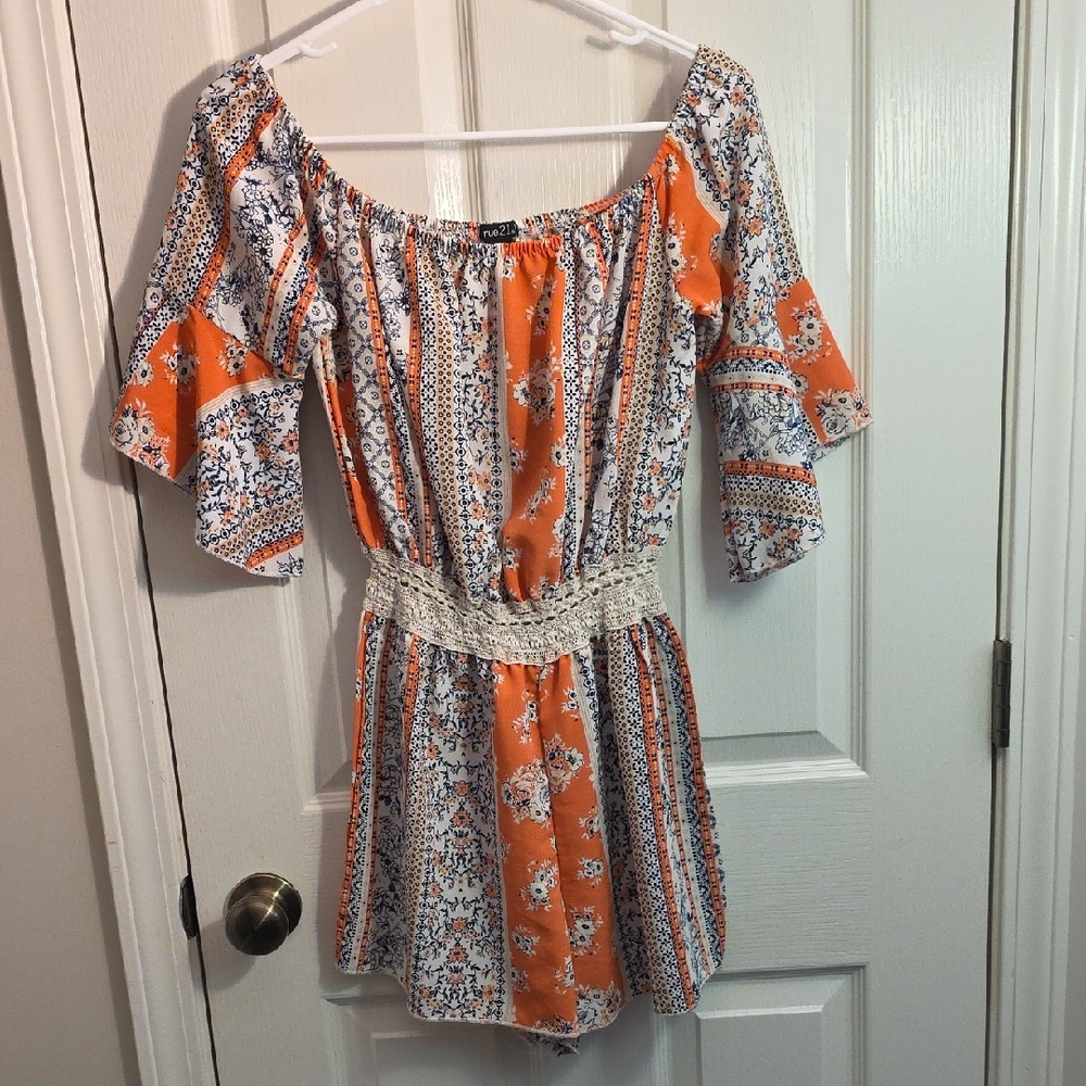 Rue21 Orange & Navy Patterned Off-Shoulder Romper
